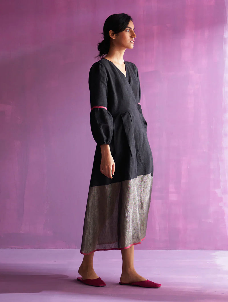 Zaina Metallic Wrap Dress - Black linen by Manan in black color for women Worldwide