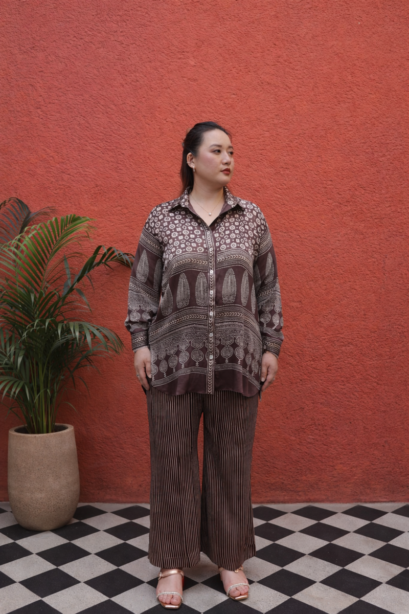 MATI Organic Brown Ajrakh Co-ord Set satin by PRAHNAAYA in brown color for women Worldwide