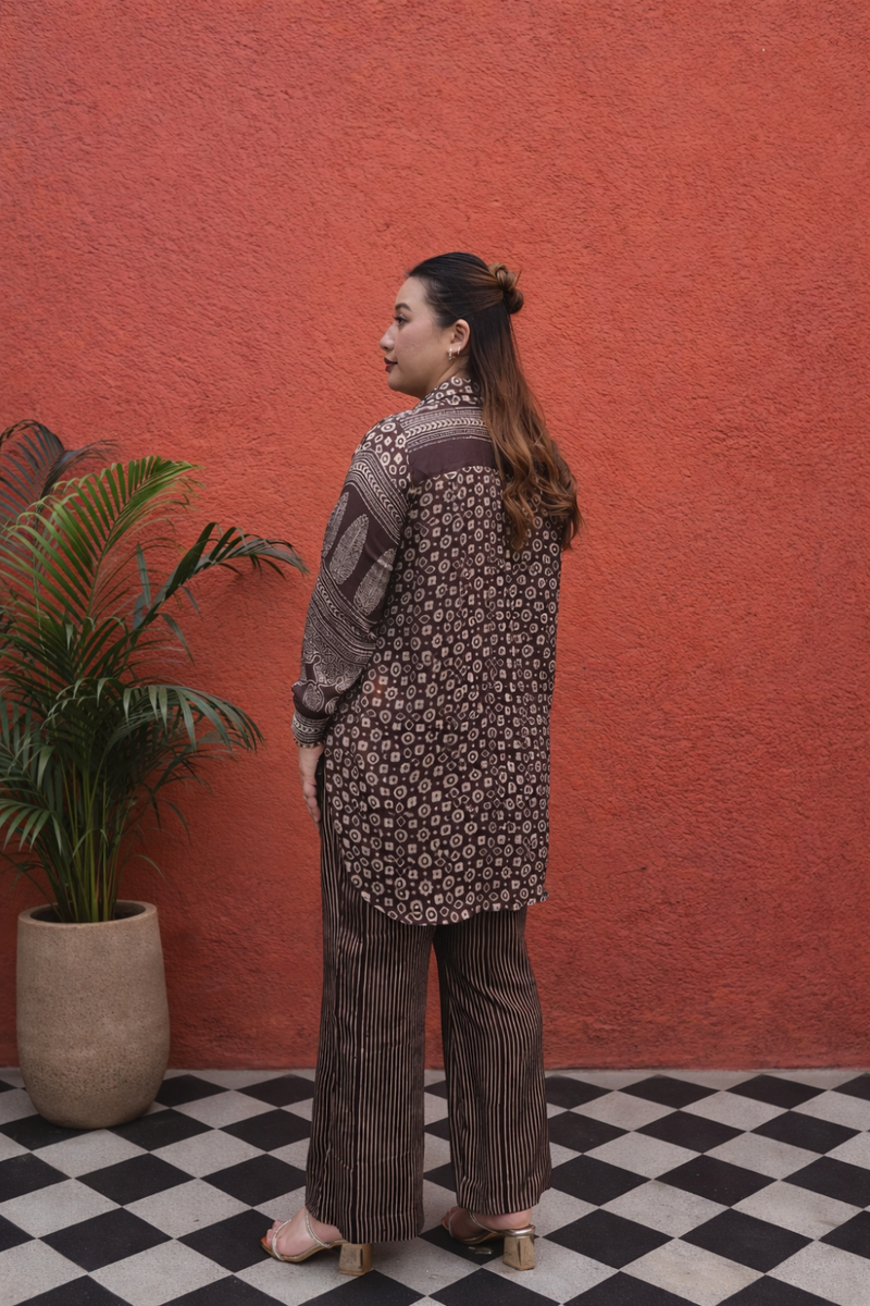 MATI Organic Brown Ajrakh Co-ord Set satin by PRAHNAAYA in brown color for women Worldwide