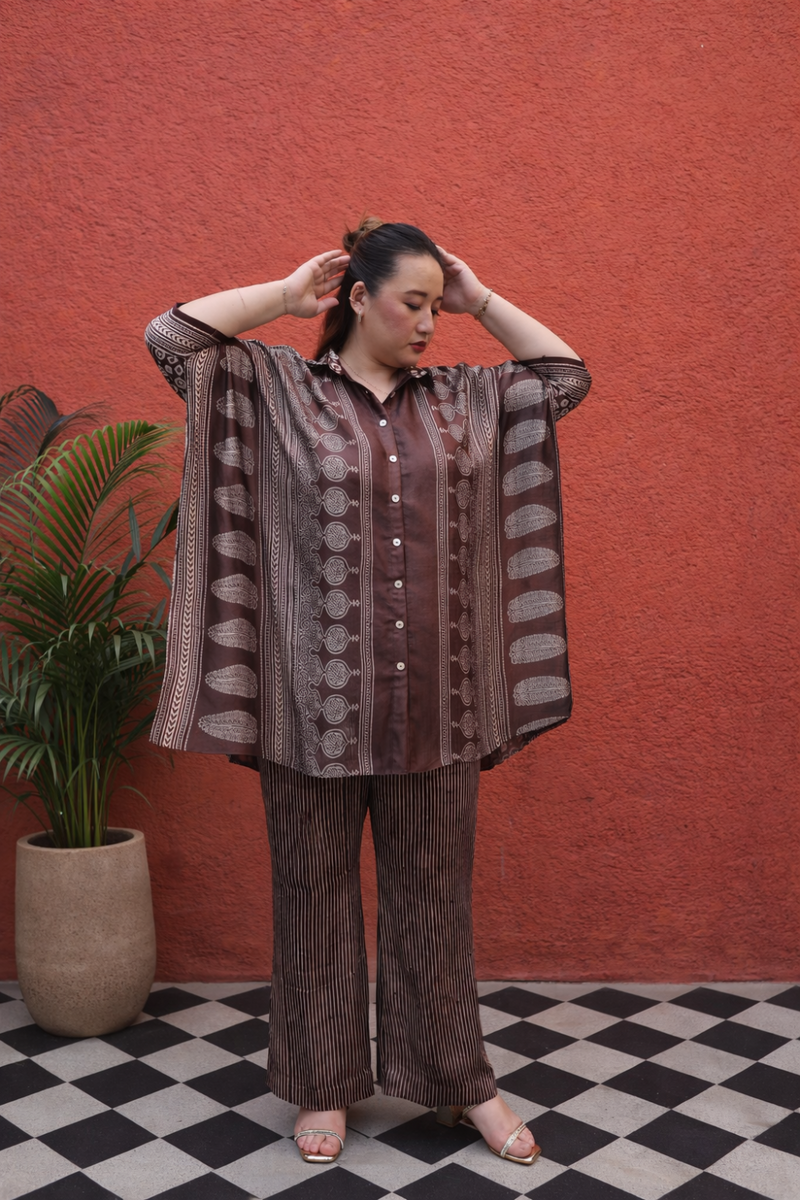 MATI Organic Brown Antifit Shirt & Pant Set satin by PRAHNAAYA in brown color for women Worldwide