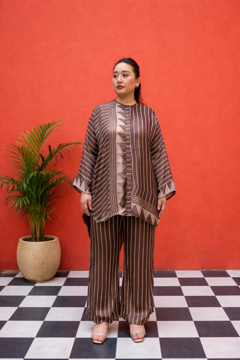 MATI Organic Brown Tunic Set satin by PRAHNAAYA in brown color for women Worldwide