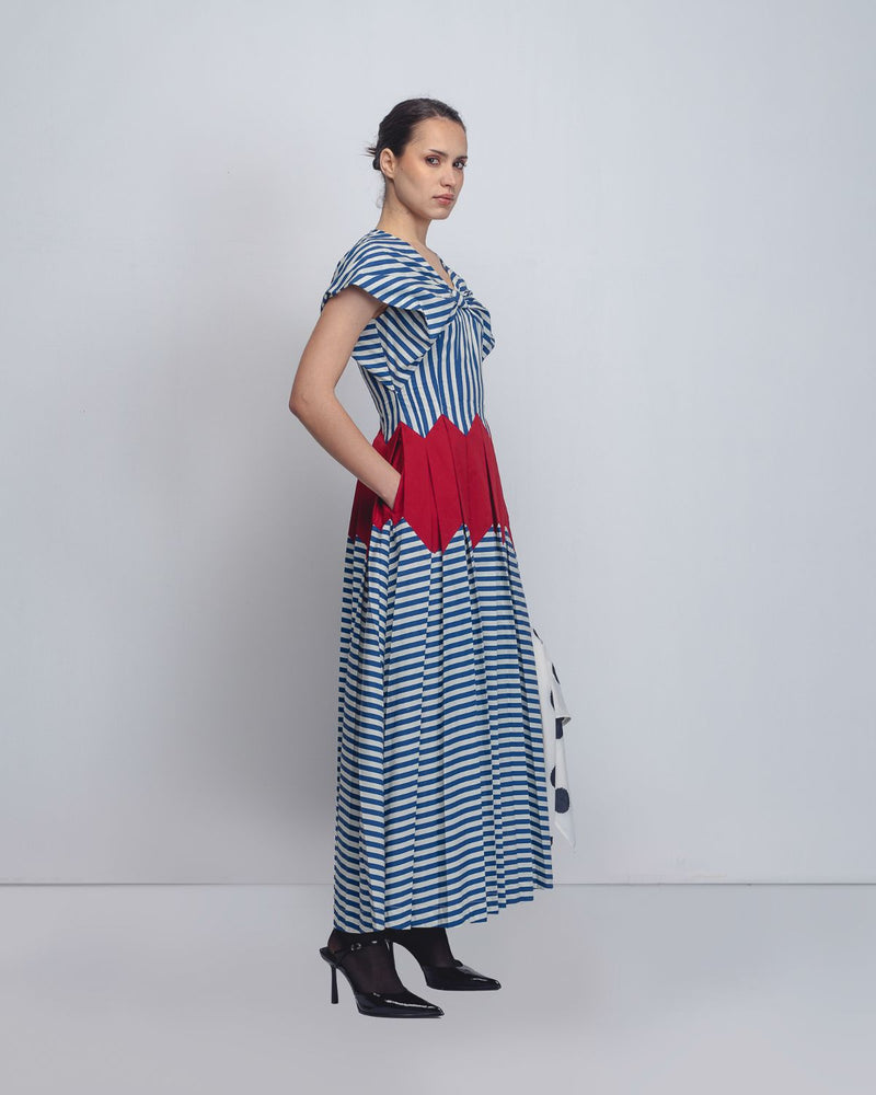 Abra Dress - Blue + White Stripes / Red cotton by Leh Studios in blue color for women Worldwide