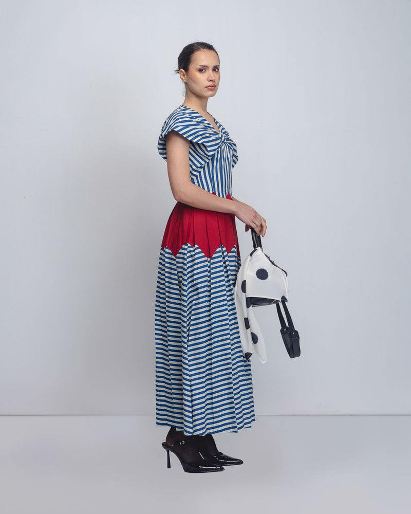 Abra Dress - Blue + White Stripes / Red cotton by Leh Studios in blue color for women Worldwide
