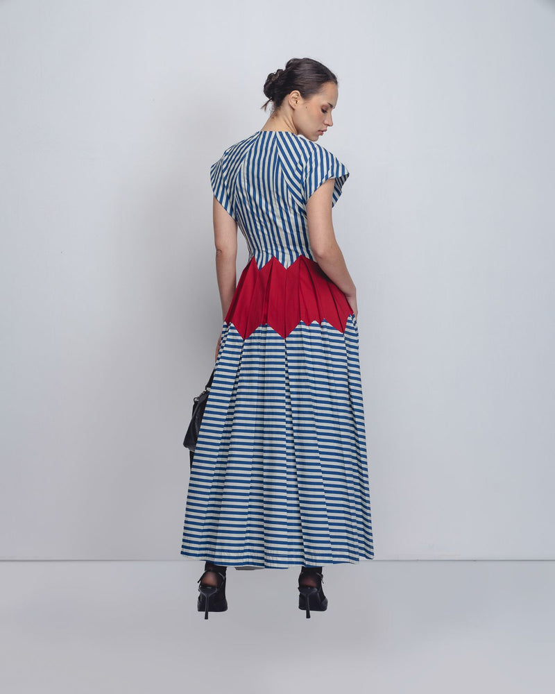 Abra Dress - Blue + White Stripes / Red cotton by Leh Studios in blue color for women Worldwide