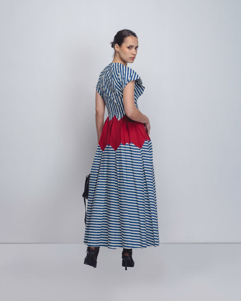 Abra Dress - Blue + White Stripes / Red cotton by Leh Studios in blue color for women Worldwide
