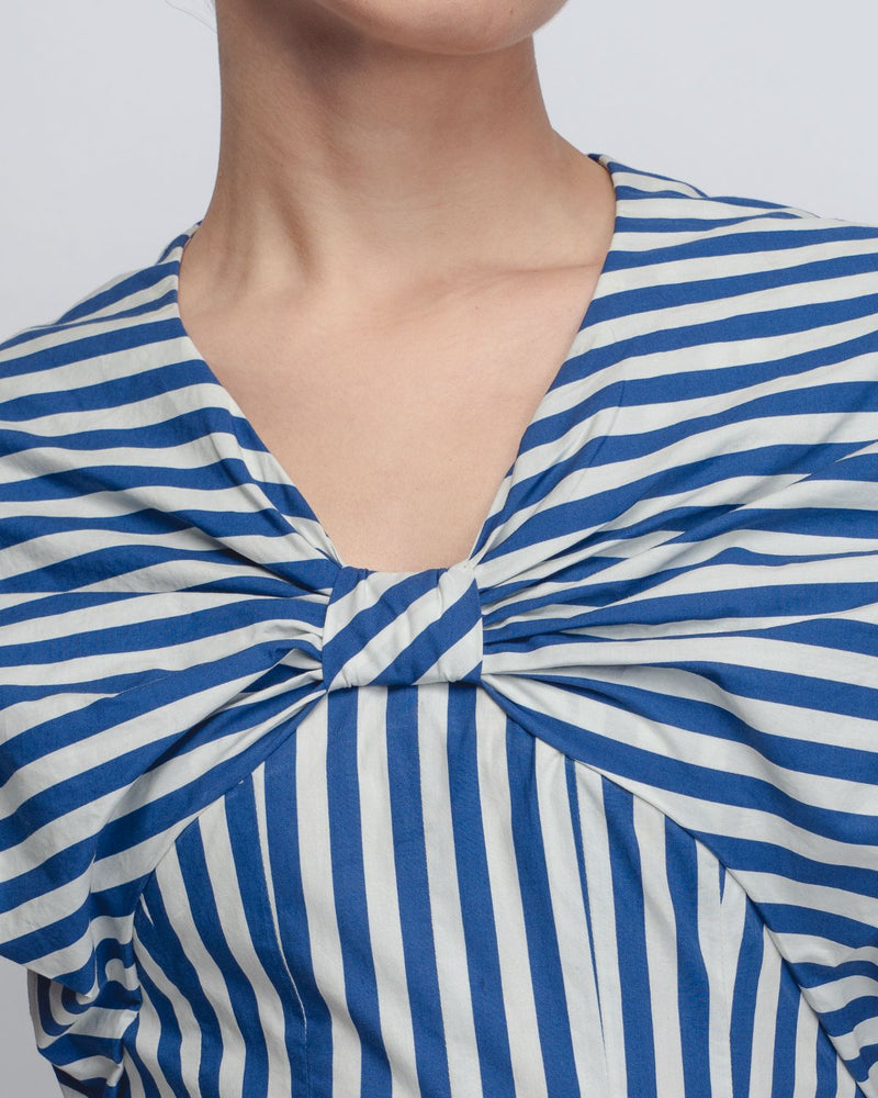 Abra Dress - Blue + White Stripes / Red cotton by Leh Studios in blue color for women Worldwide