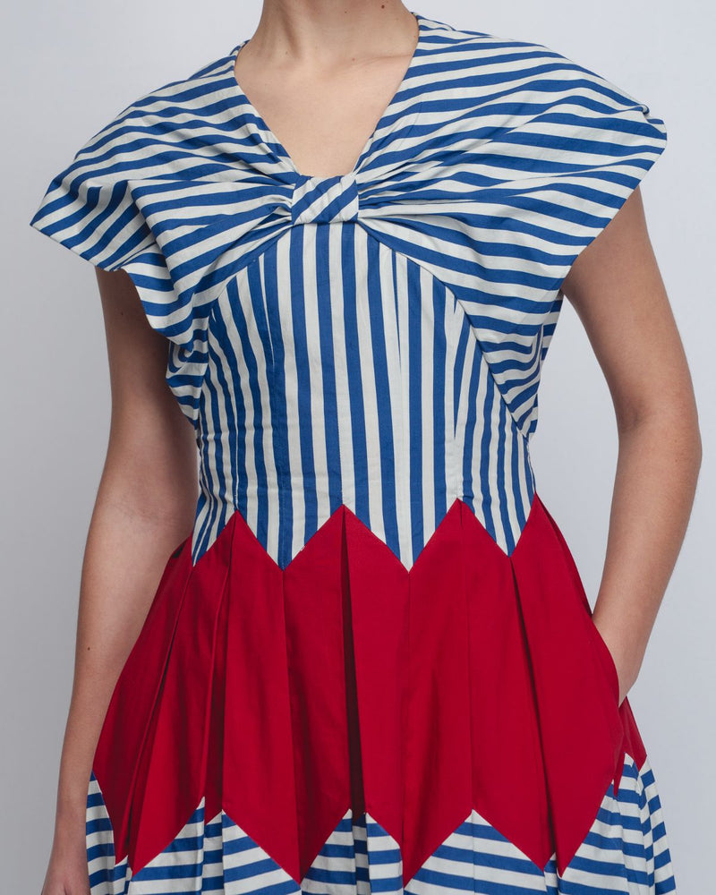 Abra Dress - Blue + White Stripes / Red cotton by Leh Studios in blue color for women Worldwide