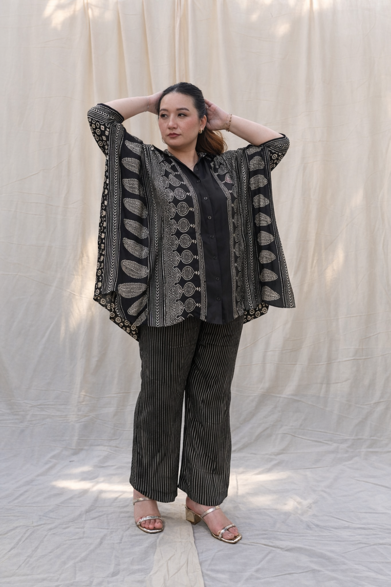 Derby Black Ajrakh Antifit Co-ord Set satin by PRAHNAAYA in black color for women Worldwide
