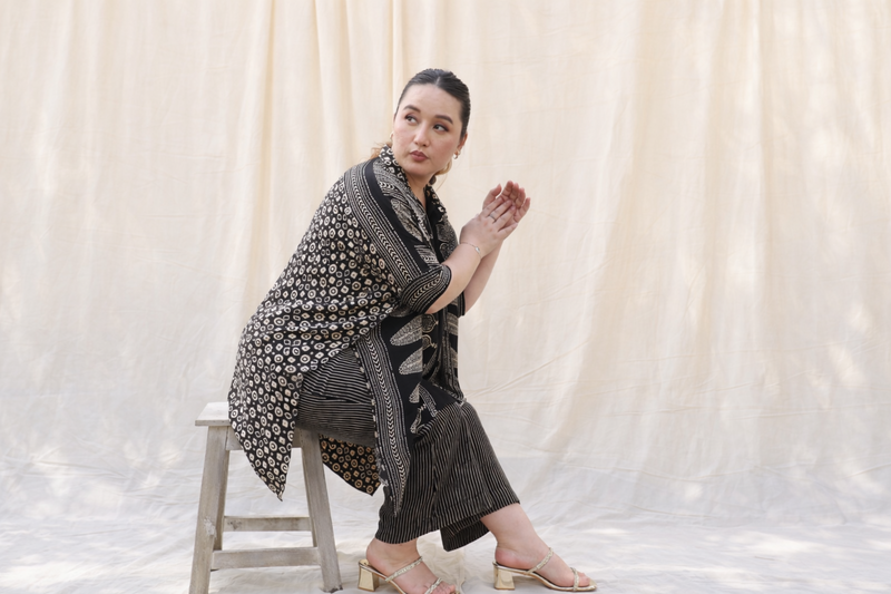 Derby Black Ajrakh Antifit Co-ord Set satin by PRAHNAAYA in black color for women Worldwide