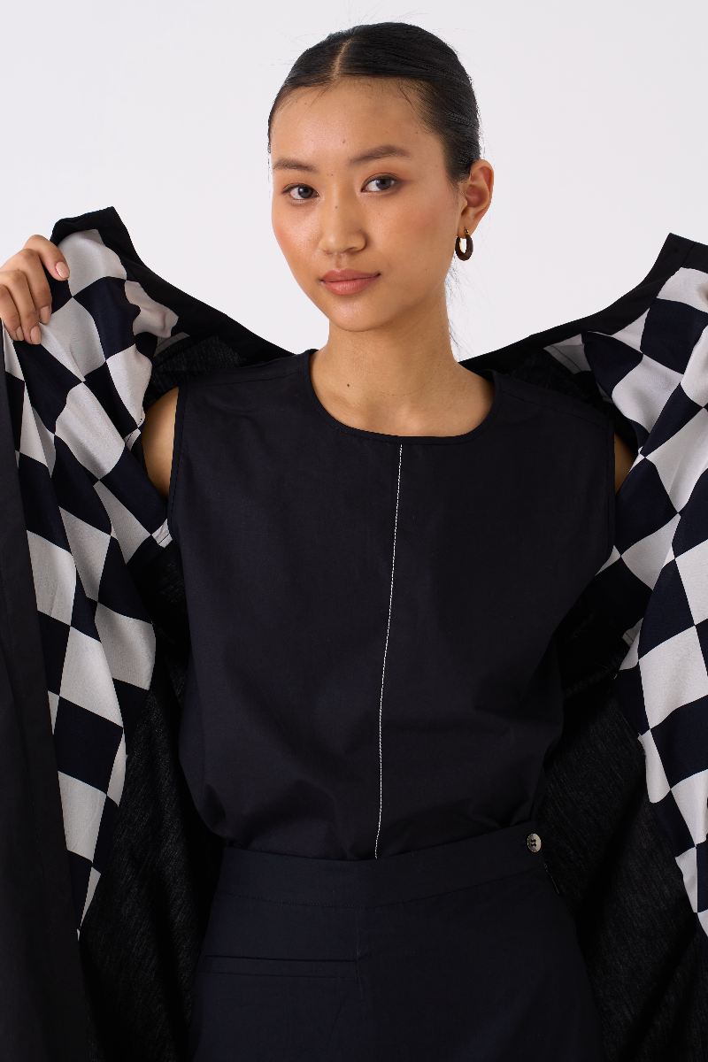 BACK YOKE JACKET CO-ORD 
(SET OF 3)-BLACK poplin by THREE in black color for women Worldwide