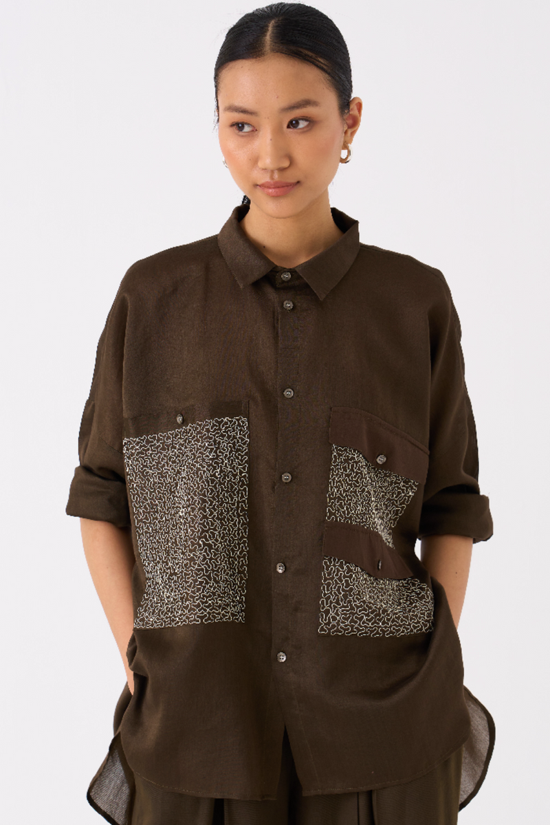 PATCH POCKET SHIRT CO-ORD
(SET OF 2)-DARK OLIVE poplin by THREE in olive color for women Worldwide