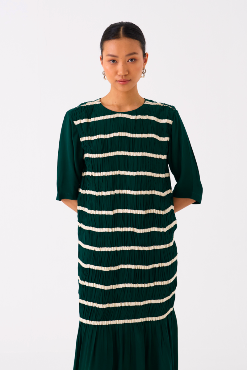 SHIRRING DRESS-GREEN by THREE in green color for women Worldwide