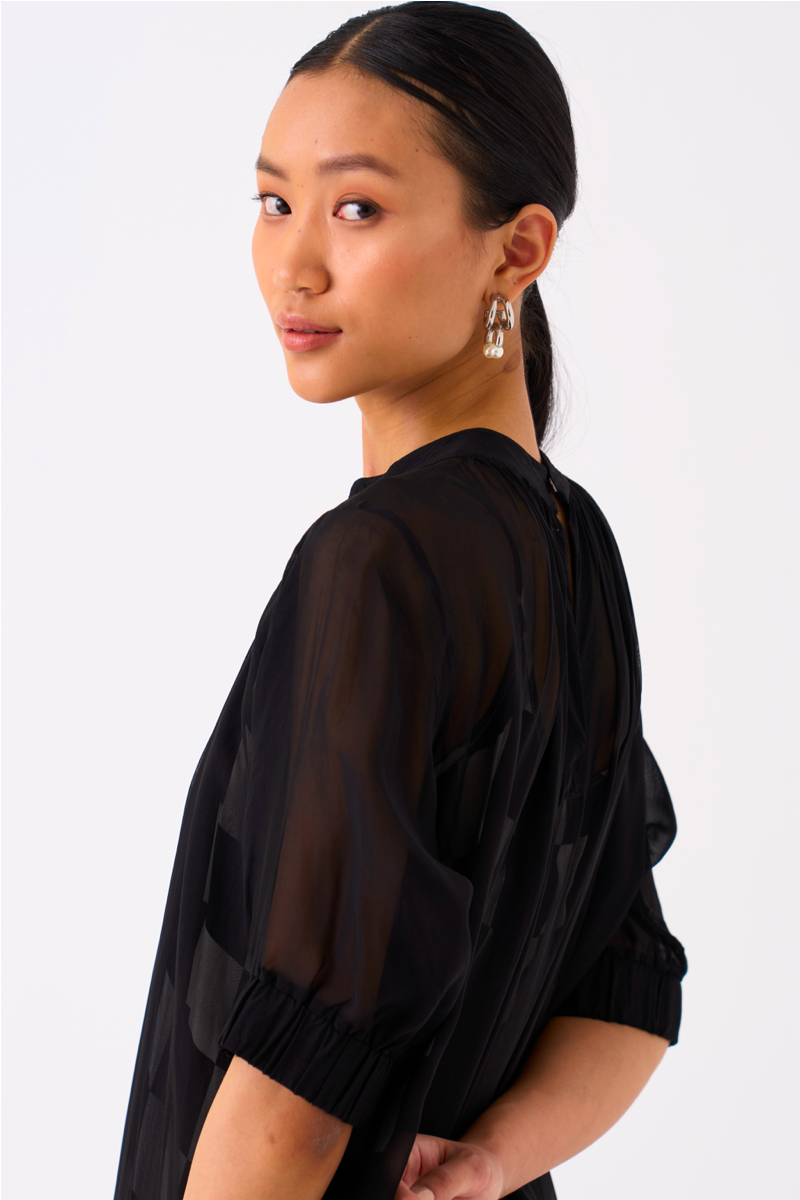 SHEER BOTTOM FRILL DRESS
-BLACK organza by THREE in black color for women Worldwide