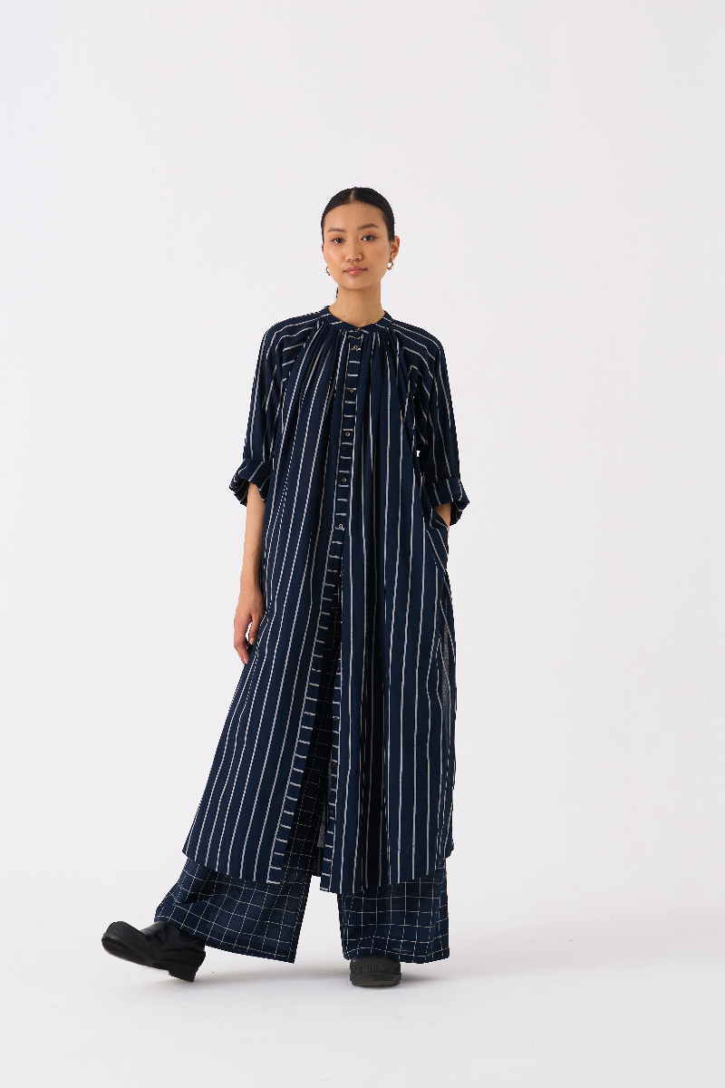 GATHER NECK SHIRT-BLACK STRIPE mul by THREE in black color for women Worldwide