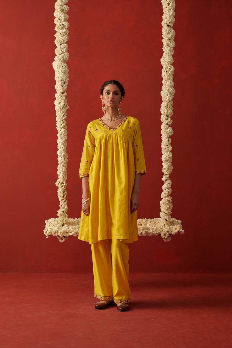 AFREEN & MAAHI KURTA & PANT silk by Rashika Mittal in yellow color for women Worldwide