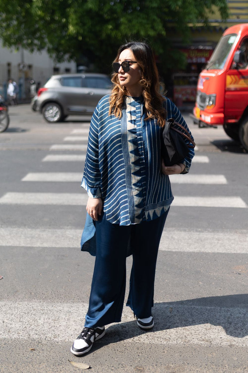 SOHO Indigo Blue Ajrakh Coord Set satin by PRAHNAAYA in blue color for women Worldwide