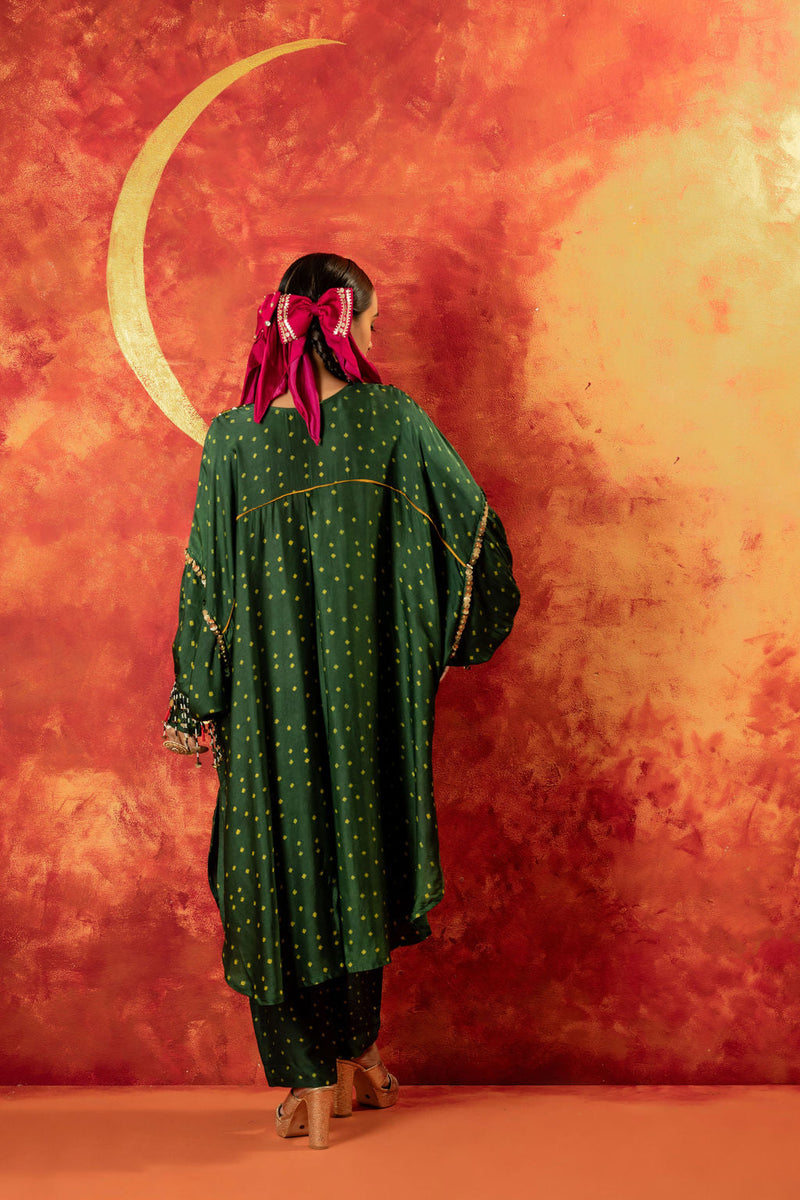 Hira AntiFit Ajrakh Green Kurta Set satin by PRAHNAAYA in green color for women Worldwide