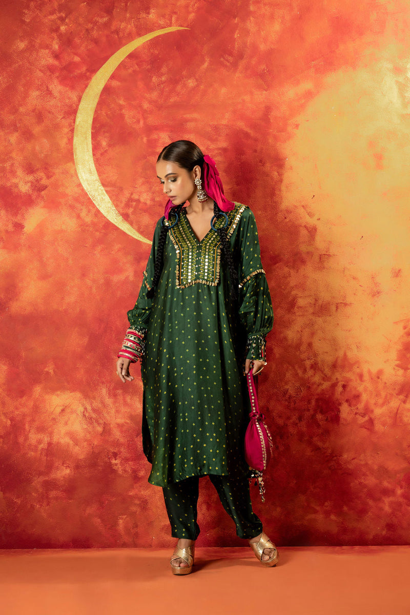 Hira AntiFit Ajrakh Green Kurta Set satin by PRAHNAAYA in green color for women Worldwide