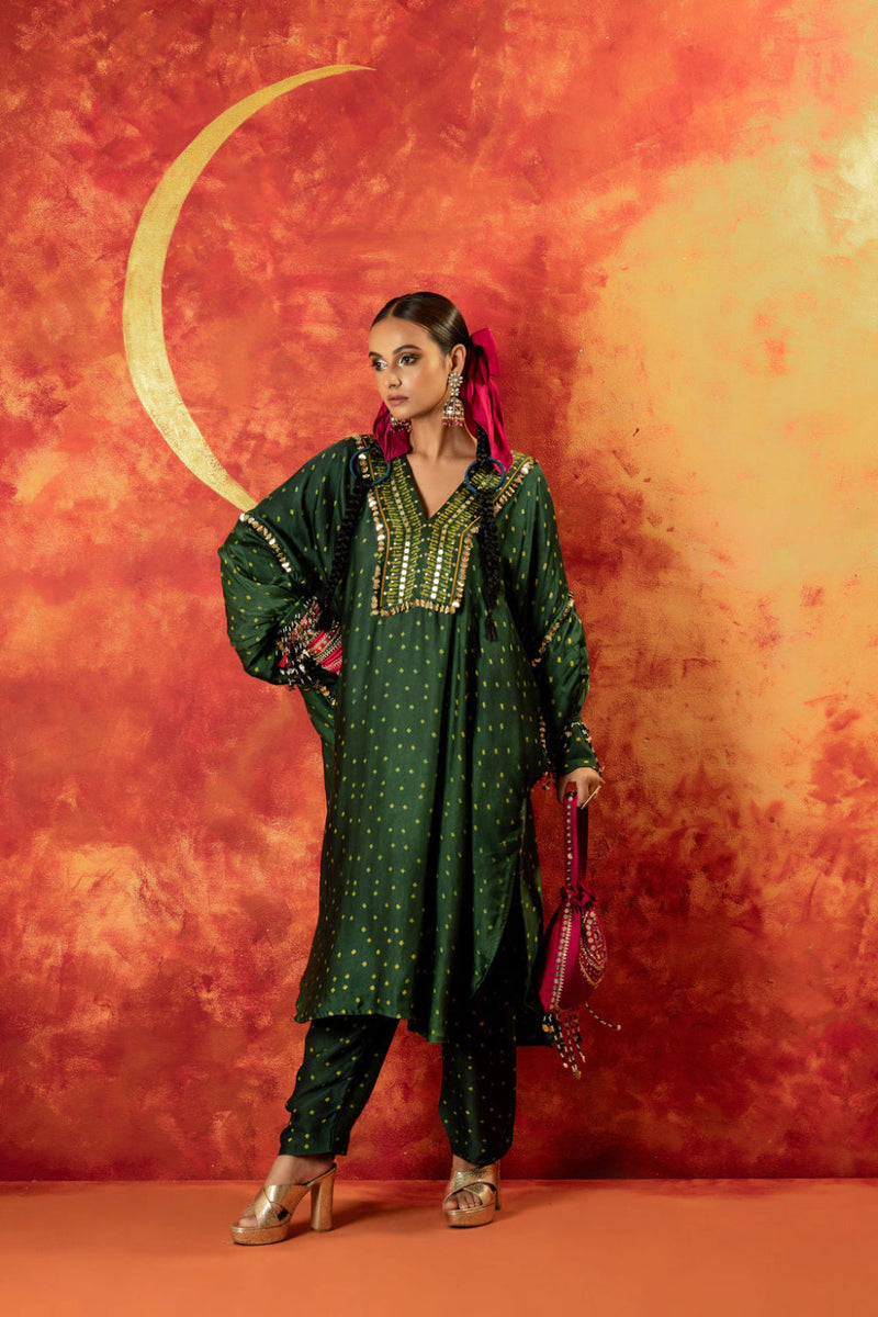 Hira AntiFit Ajrakh Green Kurta Set satin by PRAHNAAYA in green color for women Worldwide