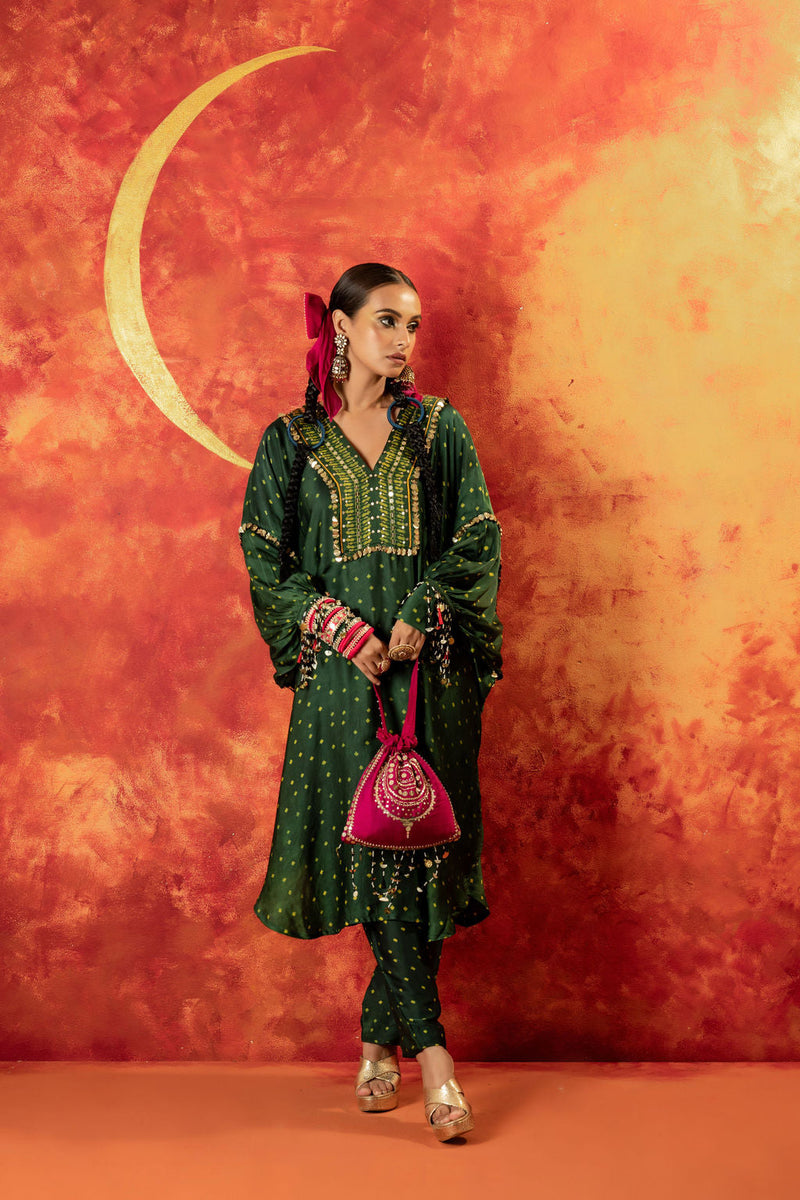 Hira AntiFit Ajrakh Green Kurta Set satin by PRAHNAAYA in green color for women Worldwide