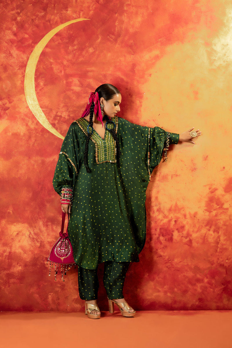 Hira AntiFit Ajrakh Green Kurta Set satin by PRAHNAAYA in green color for women Worldwide