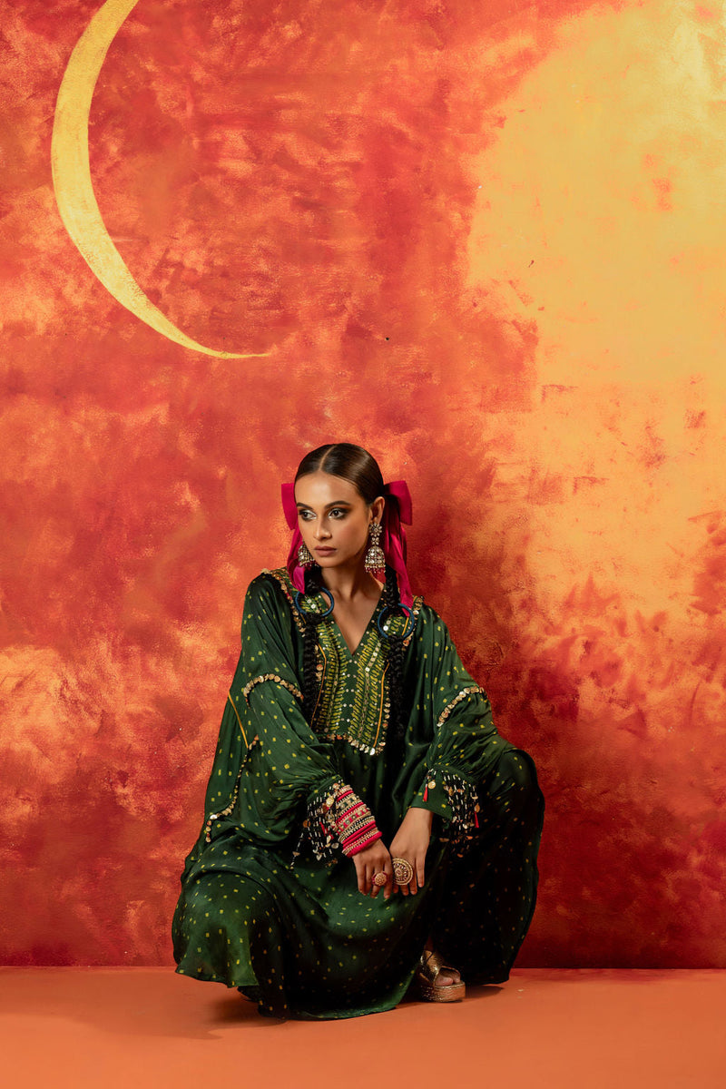 Hira AntiFit Ajrakh Green Kurta Set satin by PRAHNAAYA in green color for women Worldwide