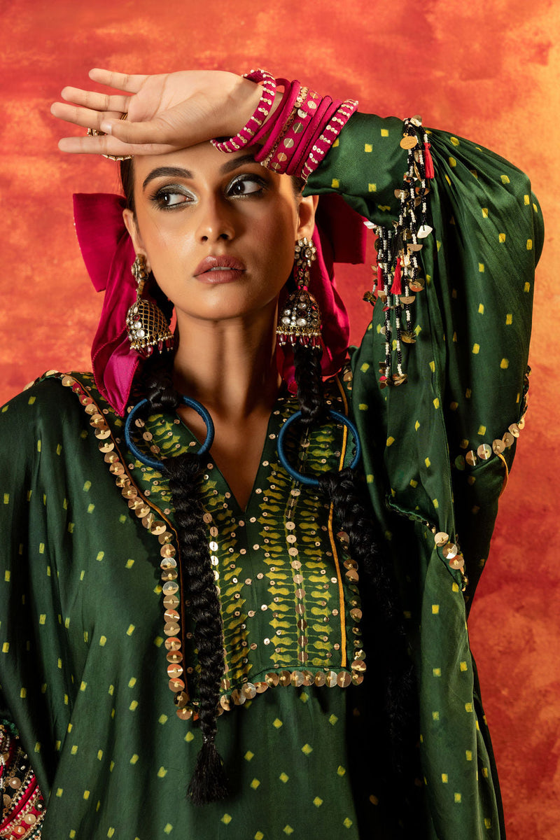Hira AntiFit Ajrakh Green Kurta Set satin by PRAHNAAYA in green color for women Worldwide