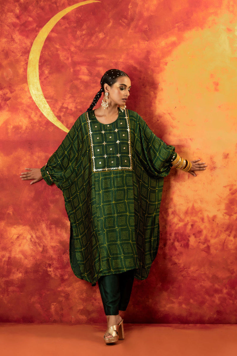 Sitara AntiFit Ajrakh Kurta Set satin by PRAHNAAYA in green color for women Worldwide