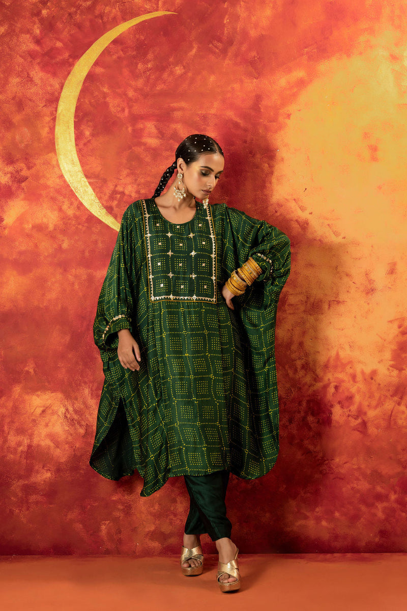 Sitara AntiFit Ajrakh Kurta Set satin by PRAHNAAYA in green color for women Worldwide