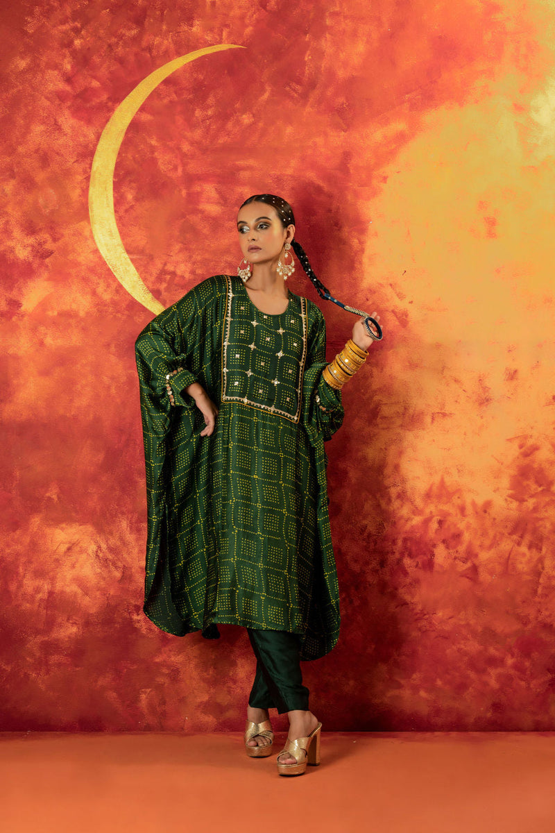 Hira AntiFit Ajrakh Green Kurta Set satin by PRAHNAAYA in green color for women Worldwide
