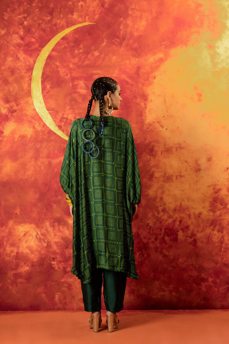 Hira AntiFit Ajrakh Green Kurta Set satin by PRAHNAAYA in green color for women Worldwide