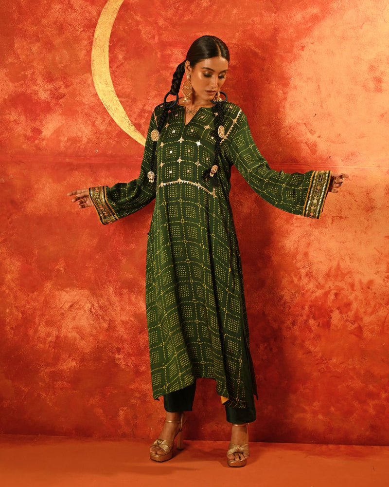 Sitara Ajrakh Straight Kurta Set with Ajrakh Dupatta satin by PRAHNAAYA in green color for women Worldwide