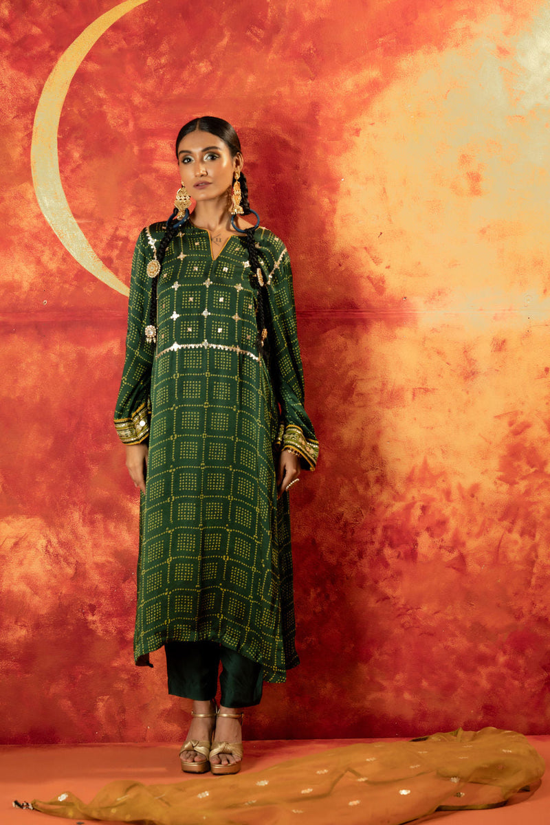 Sitara Ajrakh Straight Kurta Set with Dupatta satin by PRAHNAAYA in green color for women Worldwide