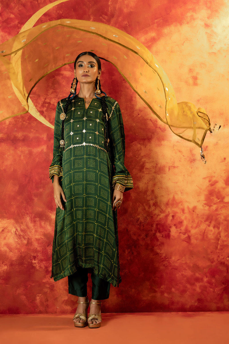 Sitara Ajrakh Straight Kurta Set with Ajrakh Dupatta satin by PRAHNAAYA in green color for women Worldwide
