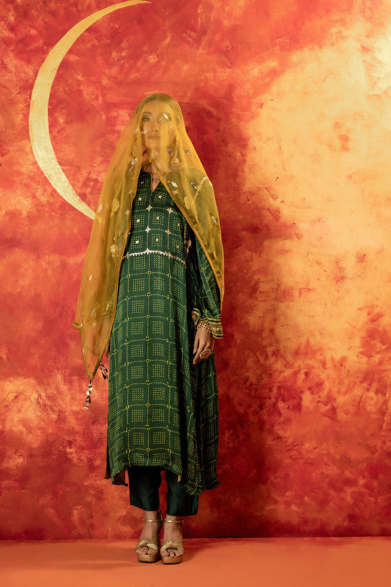 Sitara Ajrakh Straight Kurta Set with Ajrakh Dupatta satin by PRAHNAAYA in green color for women Worldwide