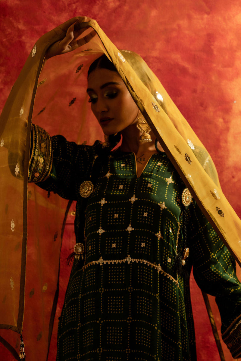 Sitara Ajrakh Straight Kurta Set with Dupatta satin by PRAHNAAYA in green color for women Worldwide