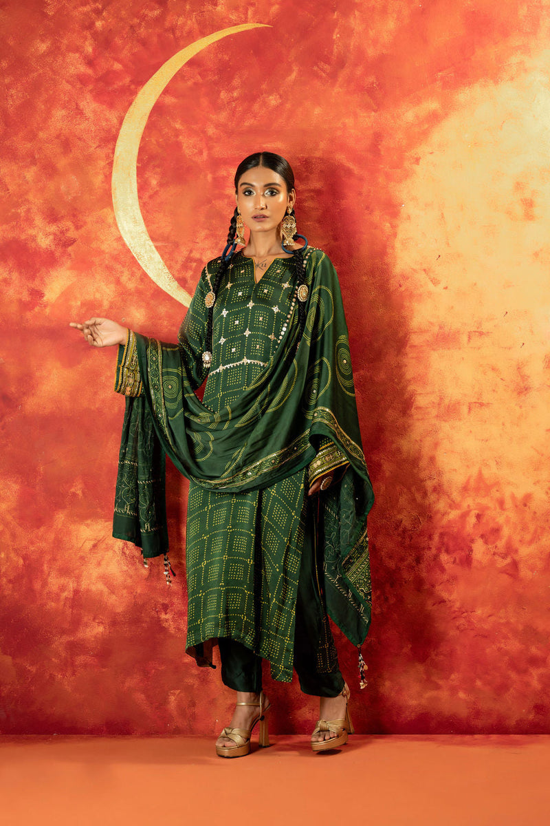 Sitara Ajrakh Straight Kurta Set with Ajrakh Dupatta satin by PRAHNAAYA in green color for women Worldwide