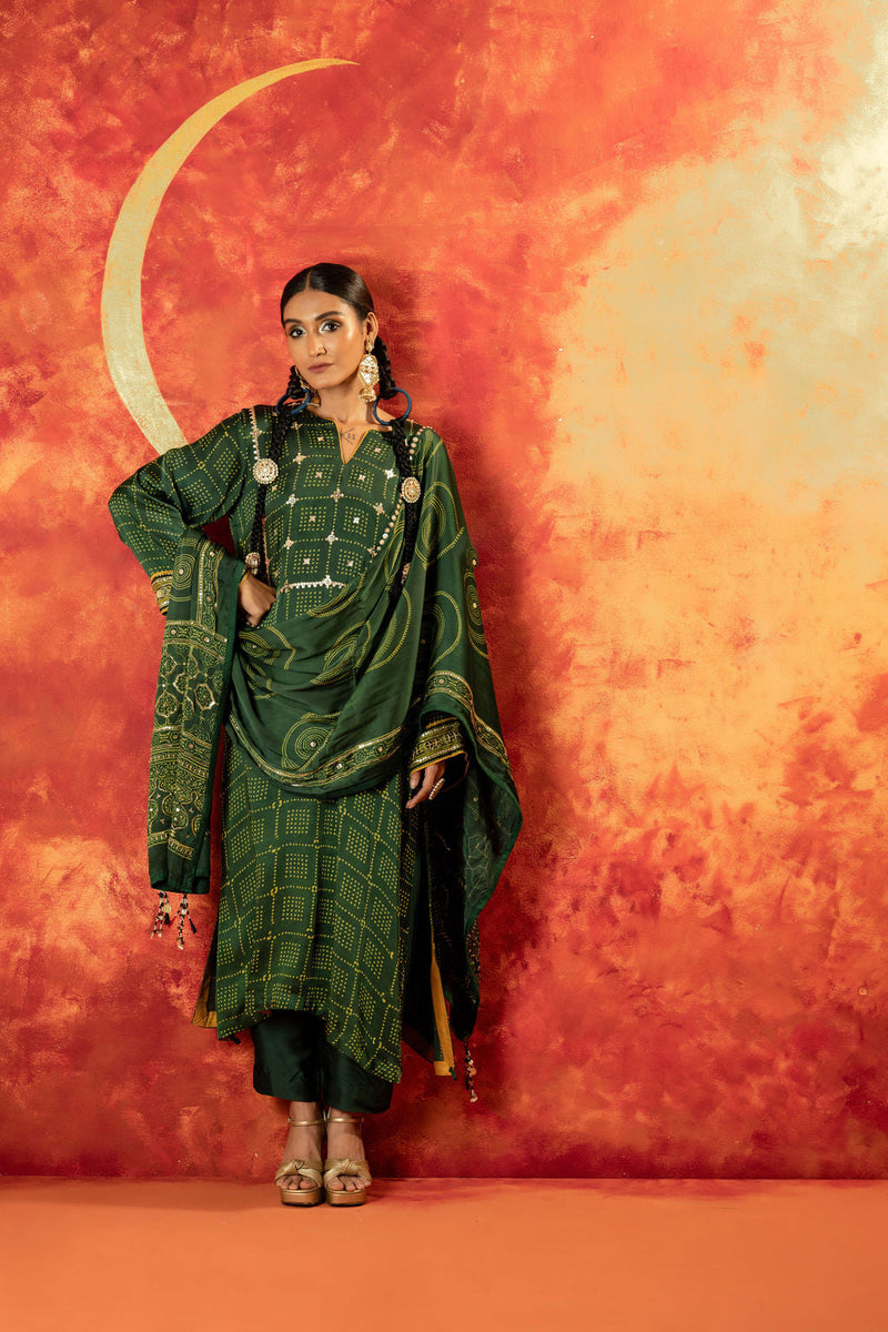 Sitara Ajrakh Straight Kurta Set with Ajrakh Dupatta satin by PRAHNAAYA in green color for women Worldwide