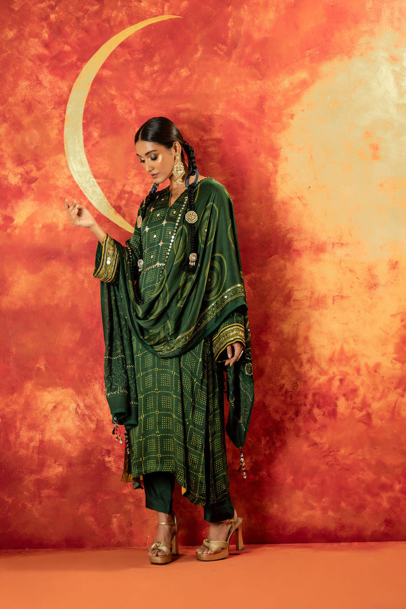 Sitara Ajrakh Straight Kurta Set with Ajrakh Dupatta satin by PRAHNAAYA in green color for women Worldwide