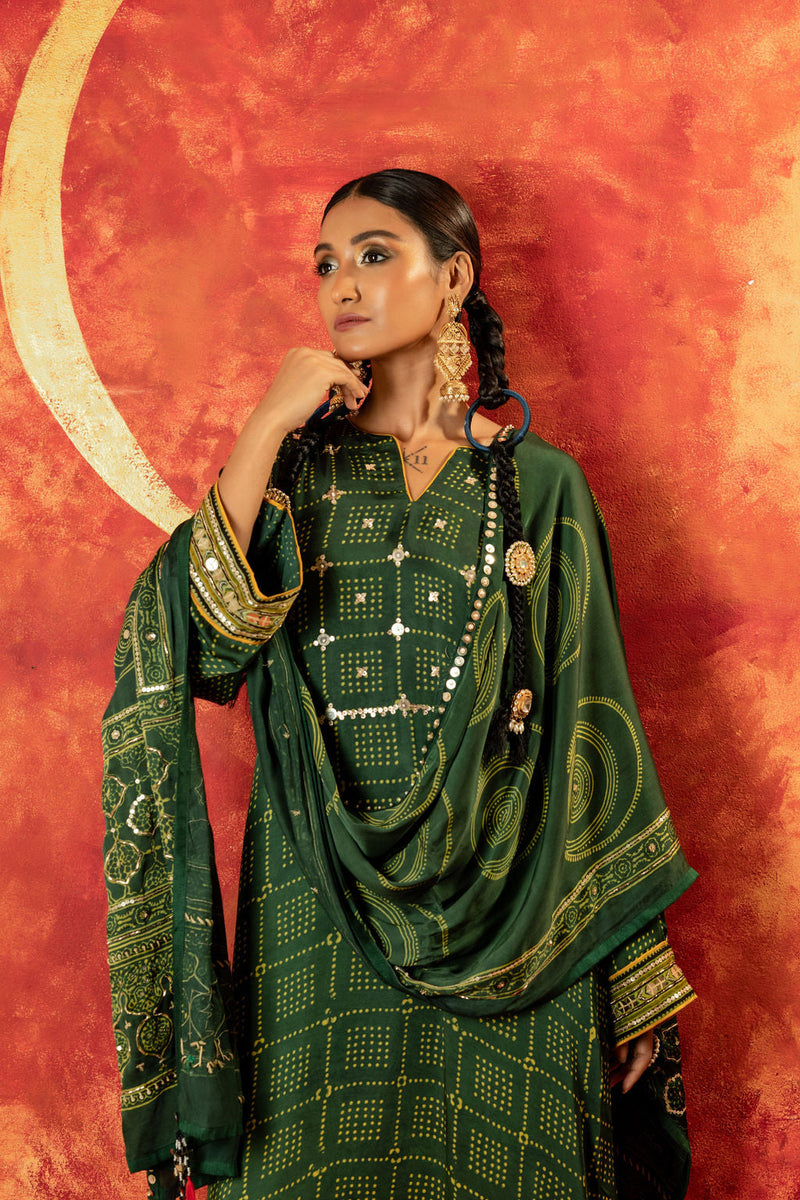 Sitara Ajrakh Straight Kurta Set with Ajrakh Dupatta satin by PRAHNAAYA in green color for women Worldwide