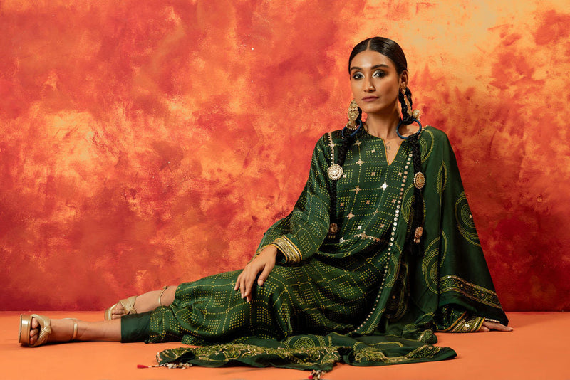Sitara Ajrakh Straight Kurta Set with Ajrakh Dupatta satin by PRAHNAAYA in green color for women Worldwide