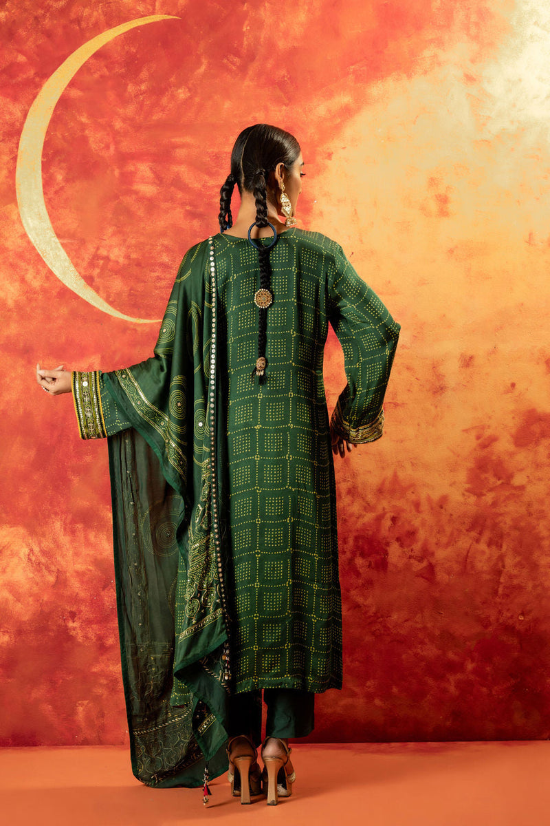 Sitara Ajrakh Straight Kurta Set with Ajrakh Dupatta satin by PRAHNAAYA in green color for women Worldwide