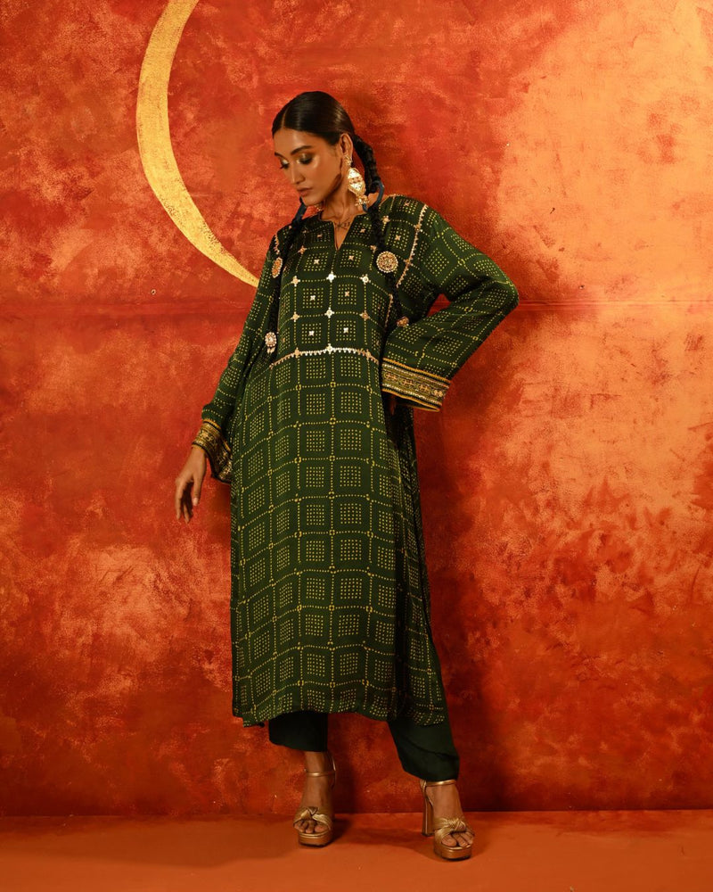 Sitara Ajrakh Straight Kurta Set satin by PRAHNAAYA in green color for women Worldwide