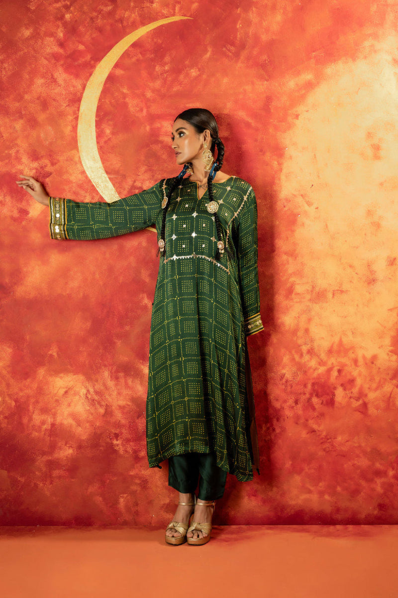 Sitara Ajrakh Straight Kurta Set satin by PRAHNAAYA in green color for women Worldwide