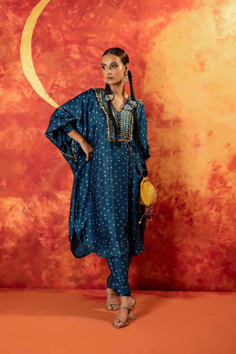 Hira AntiFit Ajrakh Indigo Kurta Set satin by PRAHNAAYA in blue color for women Worldwide