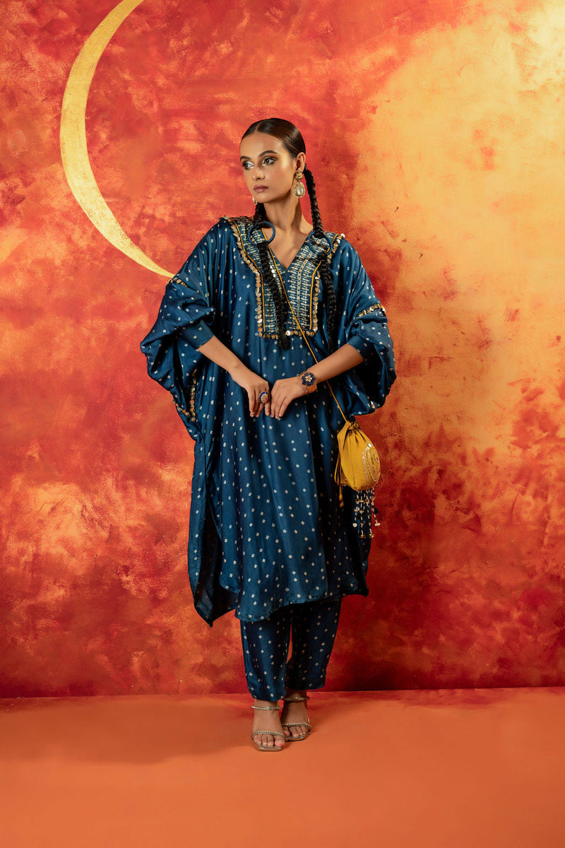 Hira AntiFit Ajrakh Indigo Kurta Set satin by PRAHNAAYA in blue color for women Worldwide