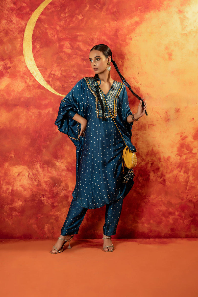 Hira AntiFit Ajrakh Indigo Kurta Set satin by PRAHNAAYA in blue color for women Worldwide