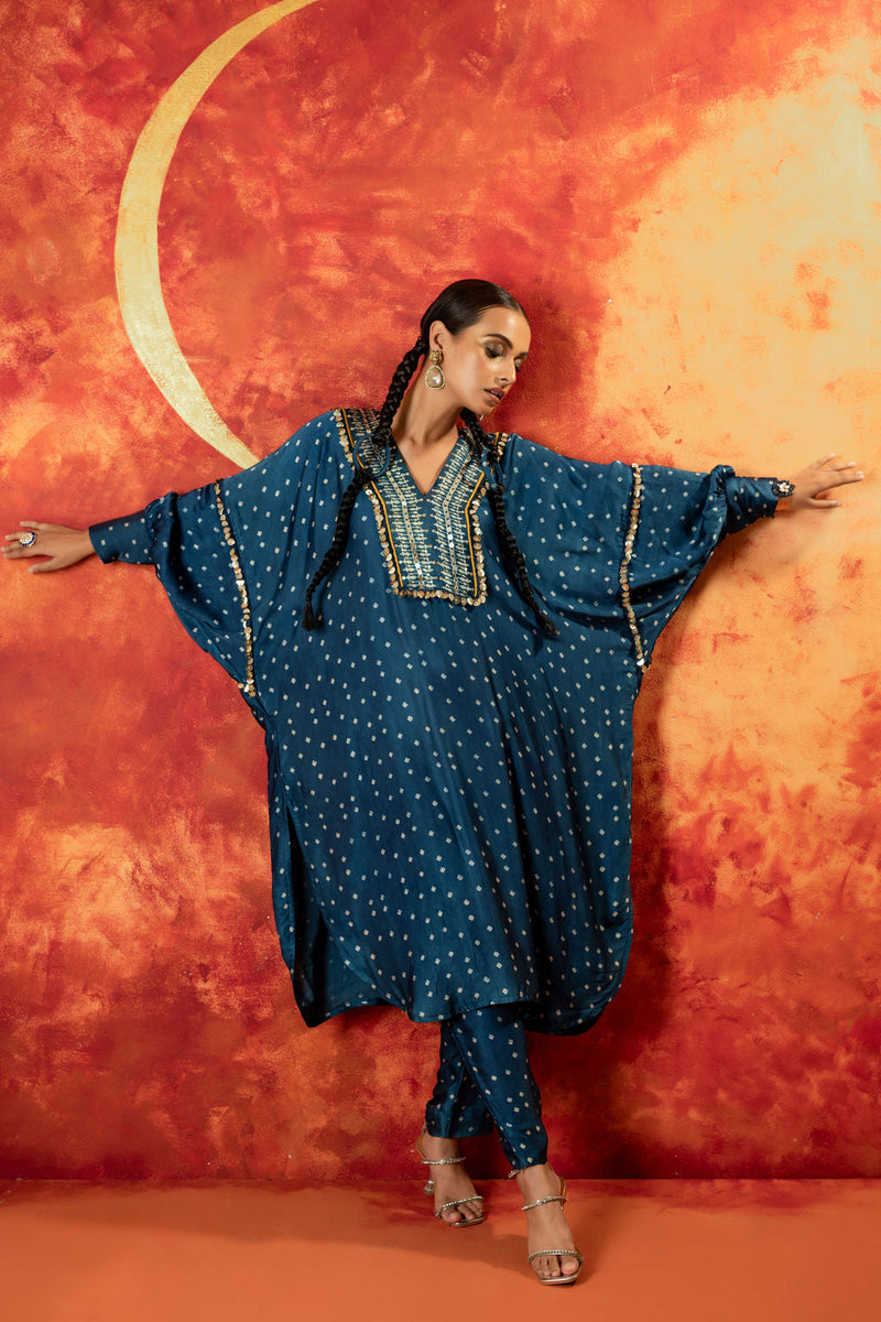 Hira AntiFit Ajrakh Indigo Kurta Set satin by PRAHNAAYA in blue color for women Worldwide