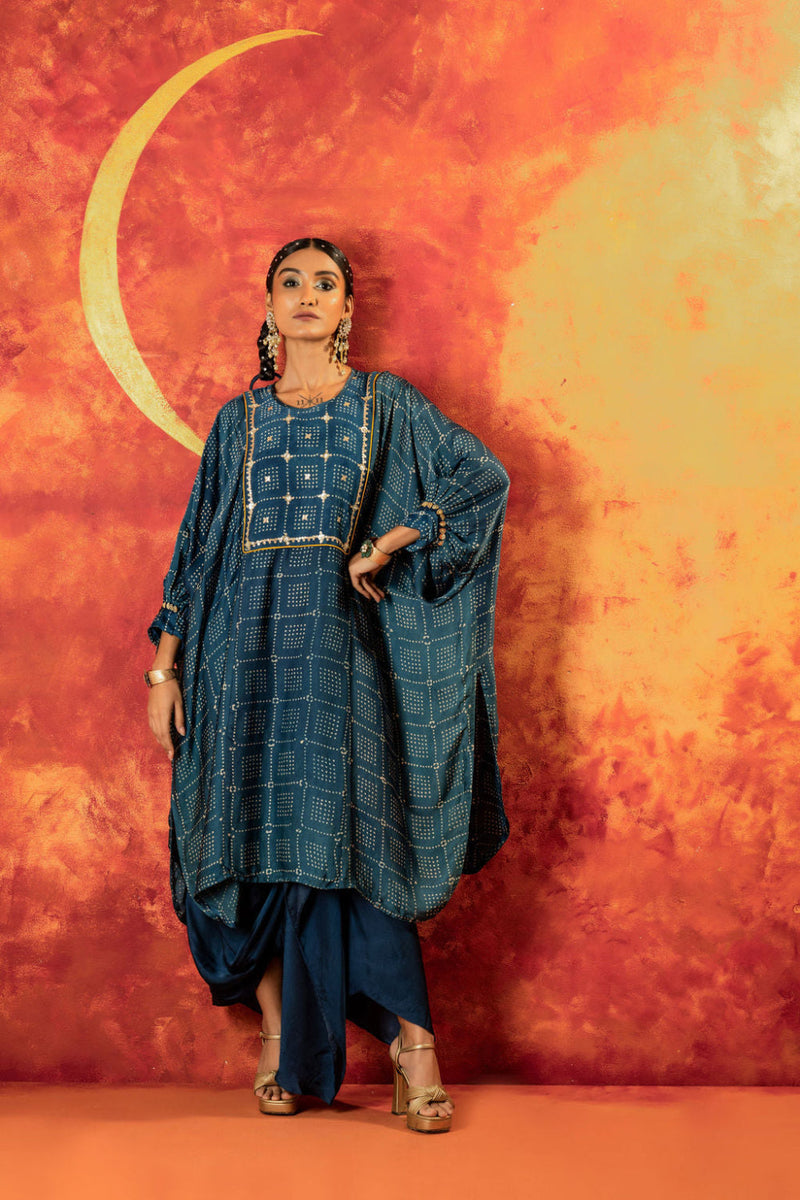Sitara AntiFit Indigo Ajrakh Kurta Set satin by PRAHNAAYA in blue color for women Worldwide