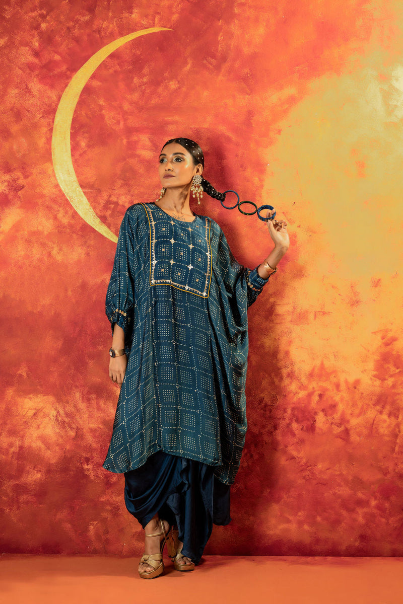 Sitara AntiFit Indigo Ajrakh Kurta Set satin by PRAHNAAYA in blue color for women Worldwide